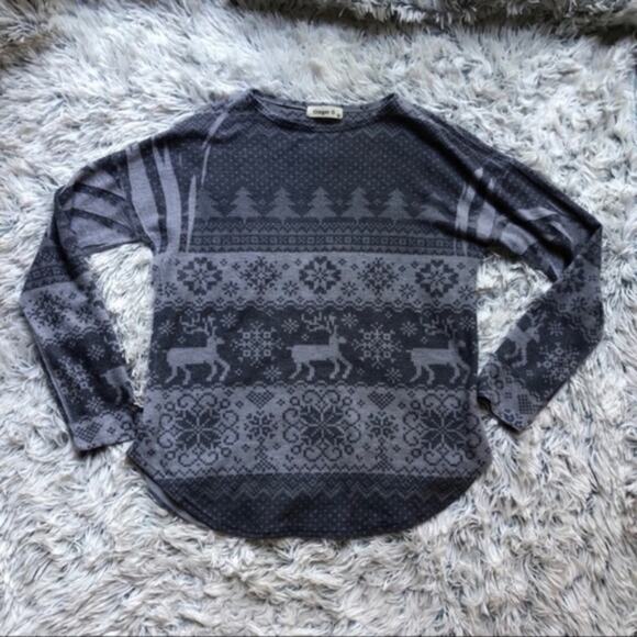 Ginger by Lucky Brand Nordic Christmas Gray Reindeer Striped Top Shirt - Picture 2 of 7